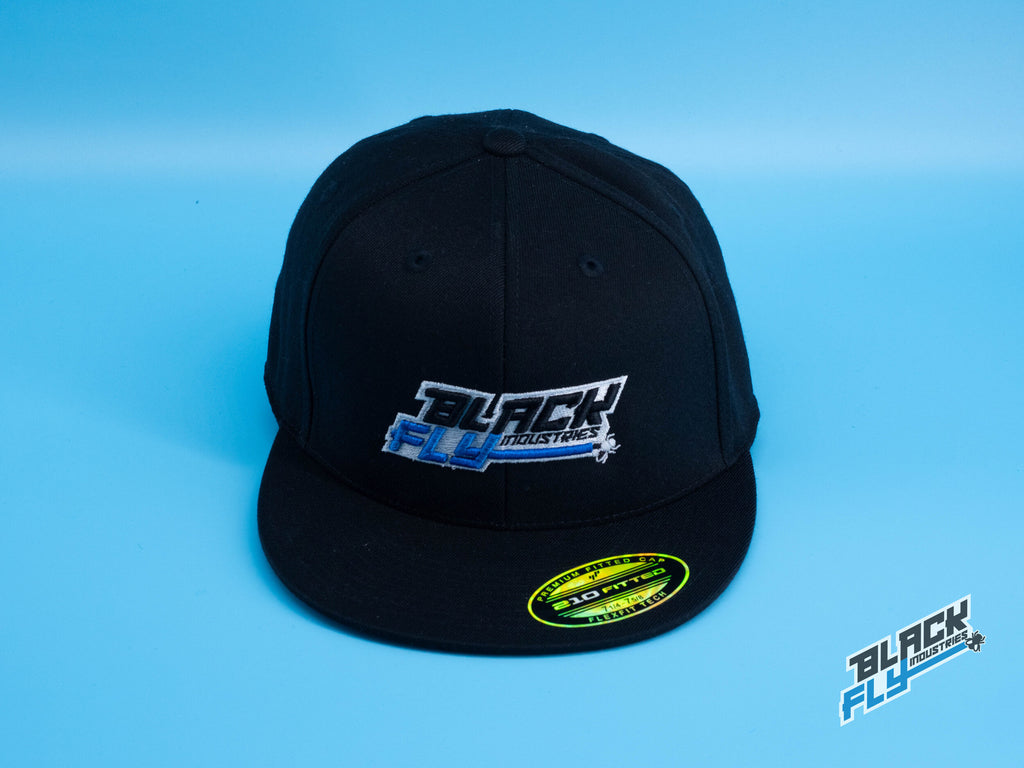 Black Fly Industries Flexfit 210 Flat Bill hat- Black with blue logo