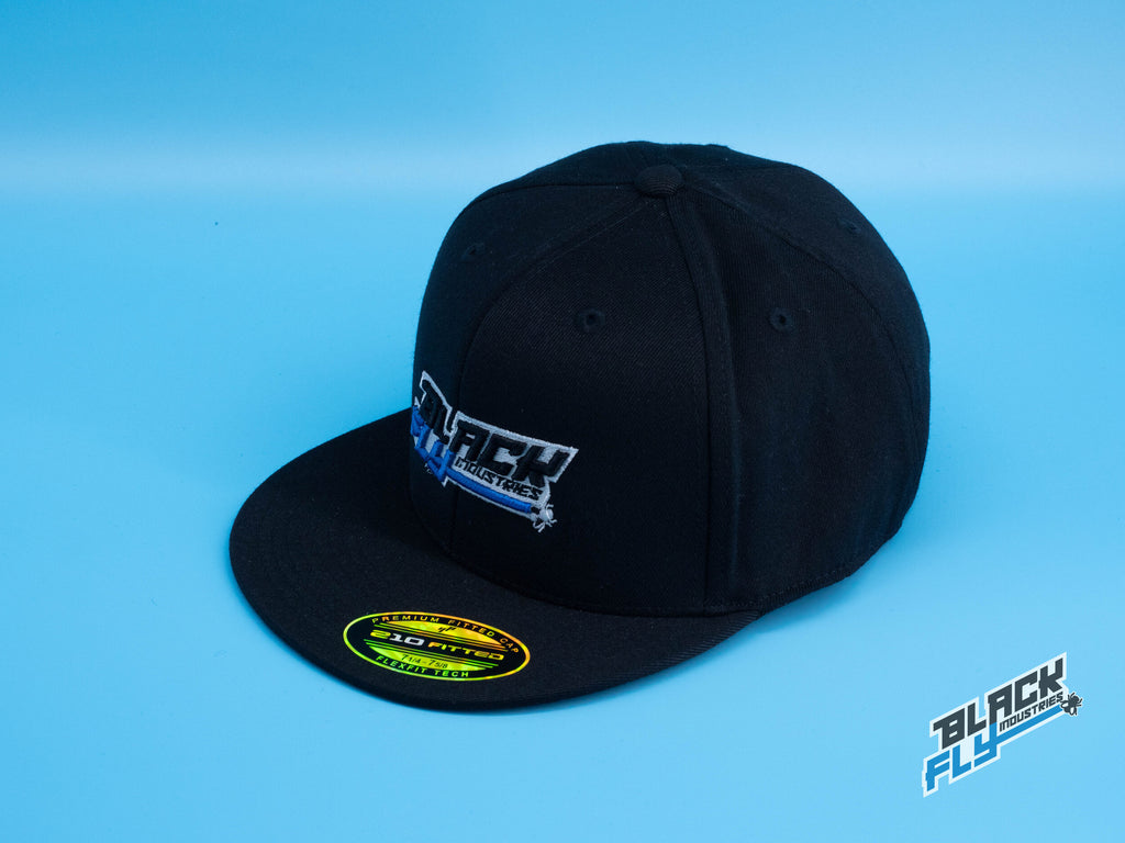 Black Fly Industries Flexfit 210 Flat Bill hat- Black with blue logo